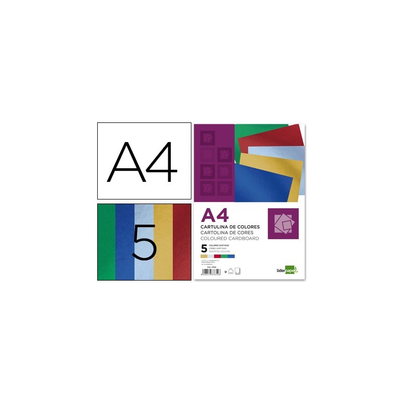 Cartulina liderpapel a4 235 g/m2 metalizada 5 colores surtidos paquete de 50 hojas