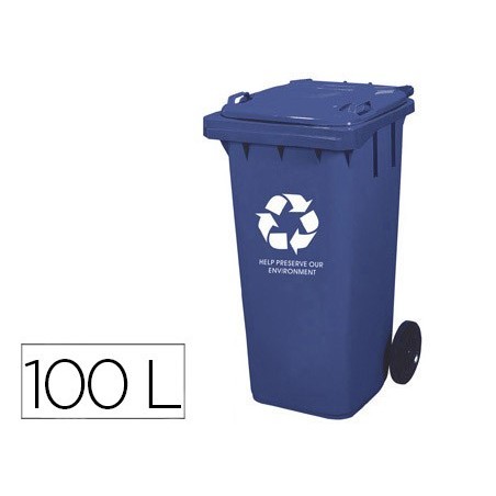 Papelera contenedor q-connect plastico con tapadera 100l color azul 800x510x525 mm con ruedas