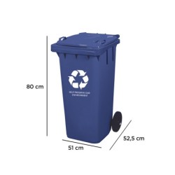 Papelera contenedor q-connect plastico con tapadera 100l color azul 800x510x525 mm con ruedas