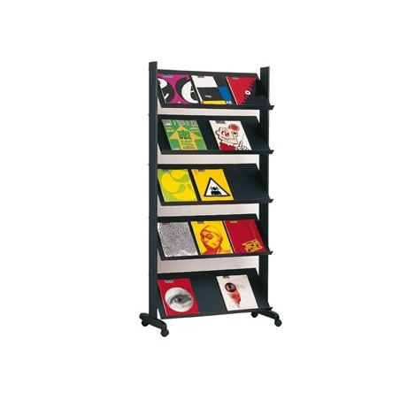 Expositor paperflow de suelo movil metalico con 5 repisas negro 140x1700x395 mm