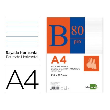 Bloc notas liderpapel horizontal a4 80 hojas 60g/m2 encolado 4 taladros