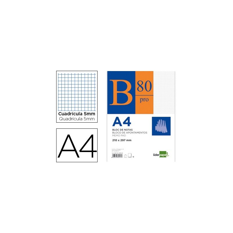 Bloc notas liderpapel cuadro 5mm a4 80 hojas 60g/m2 encolado 4 taladros