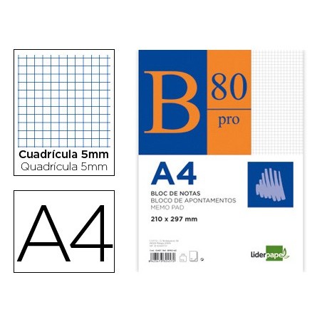 Bloc notas liderpapel cuadro 5mm a4 80 hojas 60g/m2 encolado 4 taladros