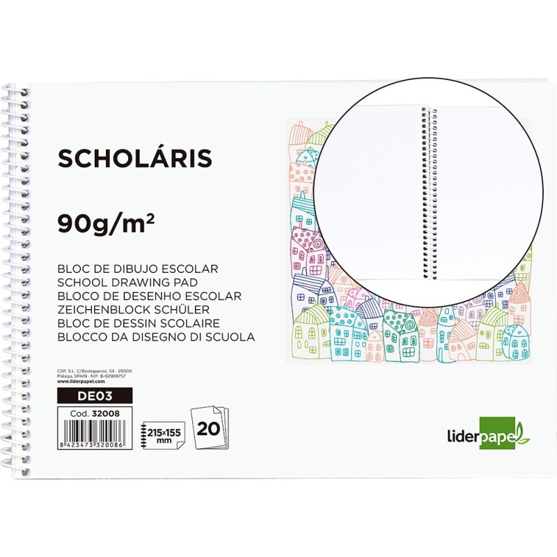 Bloc dibujo liderpapel escolar espiral 155x215mm 20 hojas 90 gr/m2 sin recuadro
