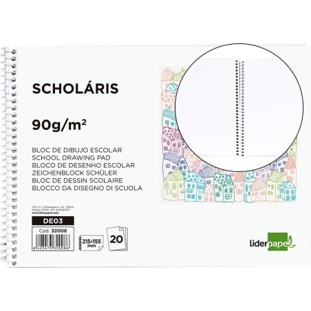 Bloc dibujo liderpapel escolar espiral 155x215mm 20 hojas 90 gr/m2 sin recuadro
