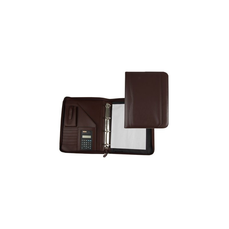 Carpeta portafolios q-connect cremallera 4 anillas 20 mm concalculadora con bolsa para movil color marron 260x355 mm