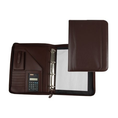 Carpeta portafolios q-connect cremallera 4 anillas 20 mm concalculadora con bolsa para movil color marron 260x355 mm
