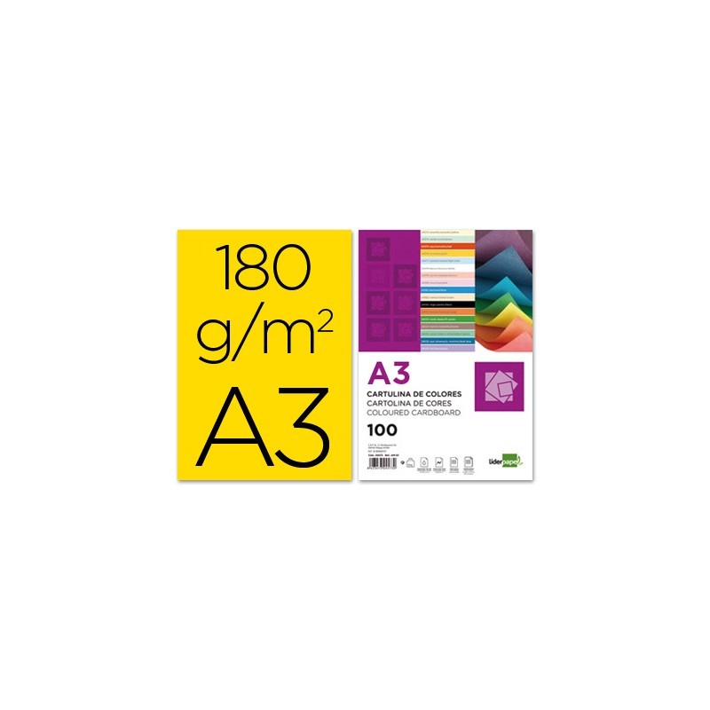 Cartulina liderpapel a3 180g/m2 amarillo paquete de 100 hojas