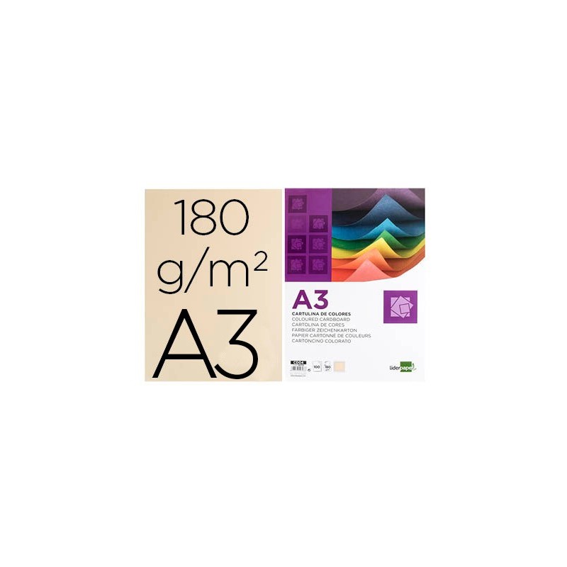 Cartulina liderpapel a3 180g/m2 crema paquete de 100 hojas