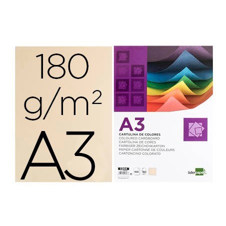 Cartulina liderpapel a3 180g/m2 crema paquete de 100 hojas