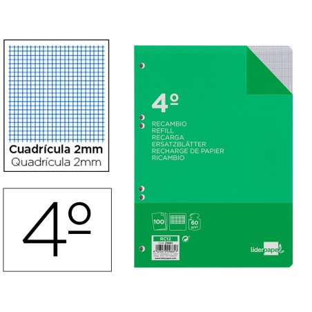 Recambio liderpapel cuarto 100 hojas 60g/m2 milimetrado sin margen 6 taladros