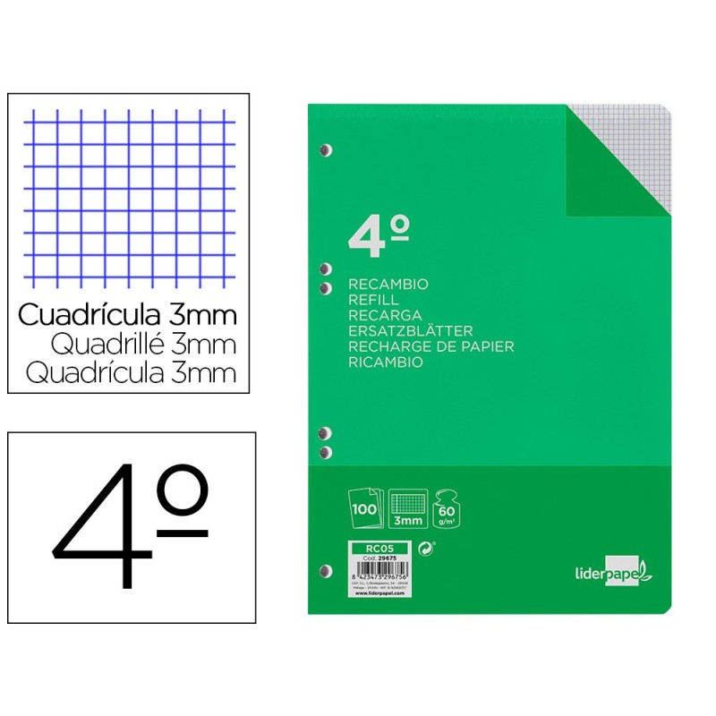 Recambio liderpapel cuarto 100 hojas 60g/m2 cuadro 3mm con margen 6 taladros