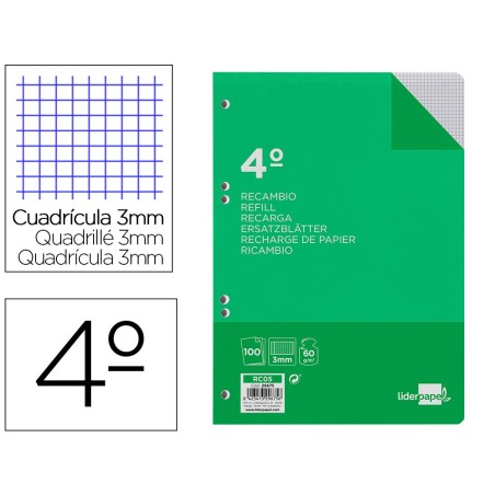 Recambio liderpapel cuarto 100 hojas 60g/m2 cuadro 3mm con margen 6 taladros