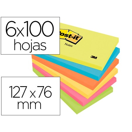 Bloc de notas adhesivas quita y pon post-it 76x127 mm neon pack de 6 blocs surtido