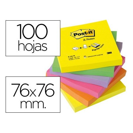 Bloc de notas adhesivas quita y pon post-it 76x76 mm z-notesultra intenso pack de 6 blocs surtido