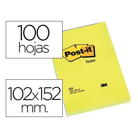 Bloc de notas adhesivas quita y pon post-it 102x152 mm con 100 hojas 659