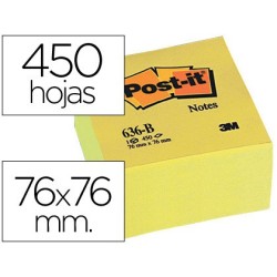 Bloc de notas adhesivas quita y pon post-it 76x76x45 mm cubo color amarillo 450 hojas