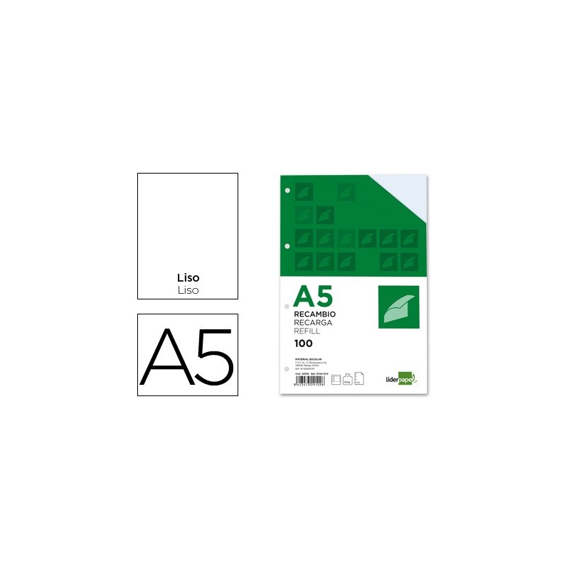 Recambio liderpapel a5 100h 100g/m2 liso doble margen 6 taladros