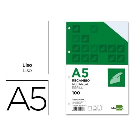 Recambio liderpapel a5 100h 100g/m2 liso doble margen 6 taladros