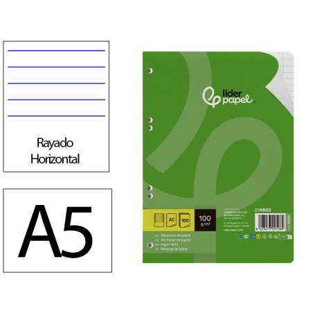 Recambio liderpapel a5 100 h 100g/m2 horizontal doble margen 6 taladros