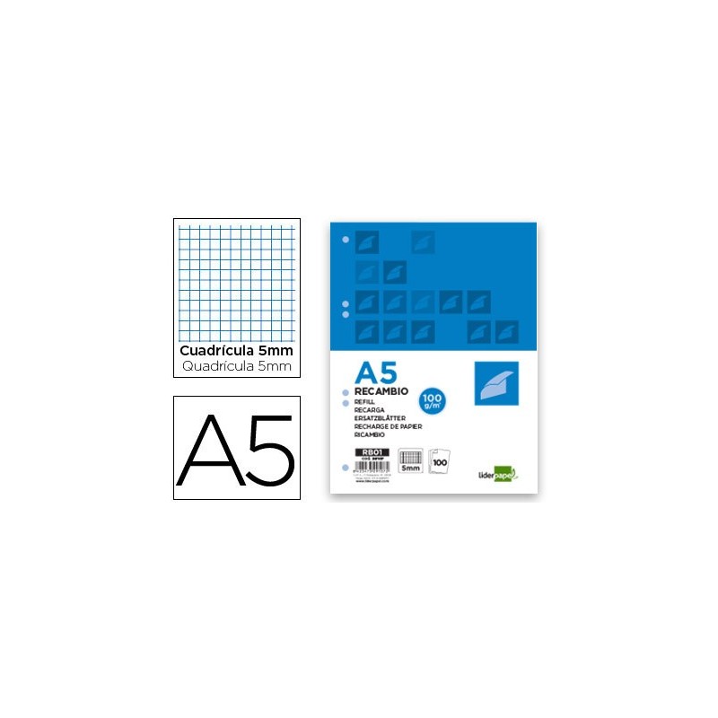 Recambio liderpapel a5 100 h 100g/m2 cuadro 5mm con margen 6 taladros