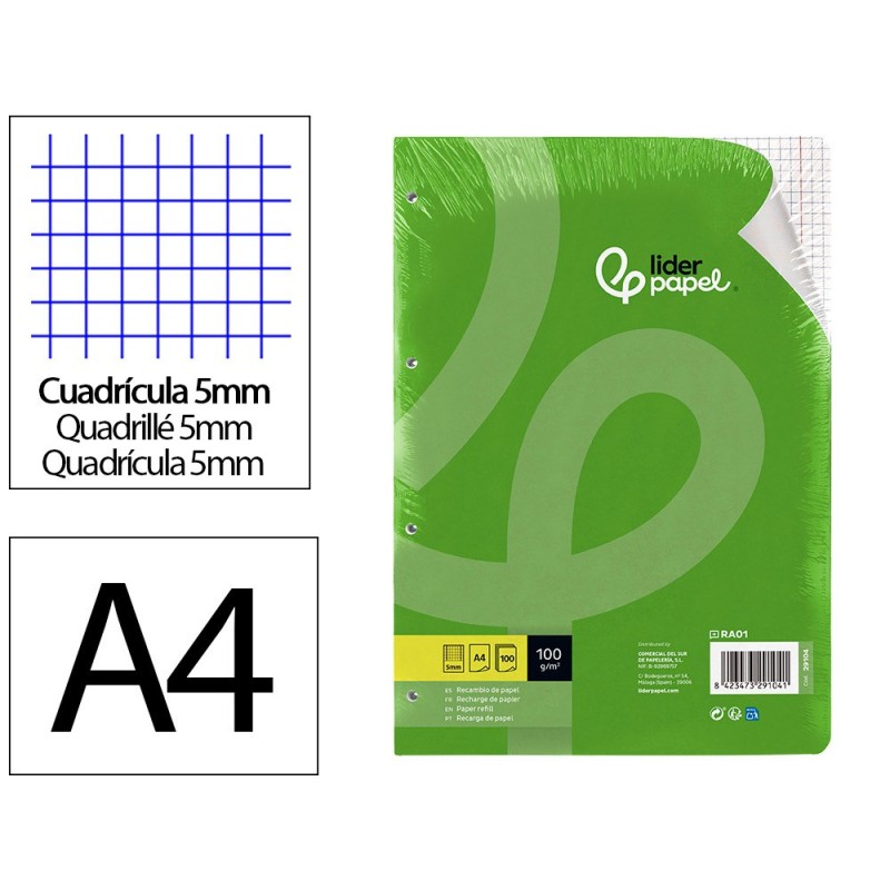 Recambio liderpapel a4 100 hojas 100g/m2 cuadro 5mm con doble margen 4 taladros