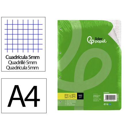 Recambio liderpapel a4 100 hojas 100g/m2 cuadro 5mm con doble margen 4 taladros