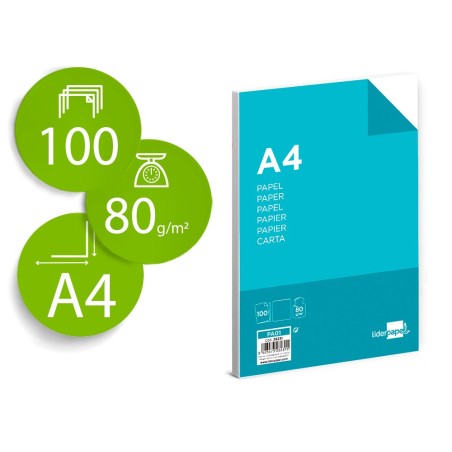 Papel liderpapel a4 80g/m2 liso paquete de 100 hojas