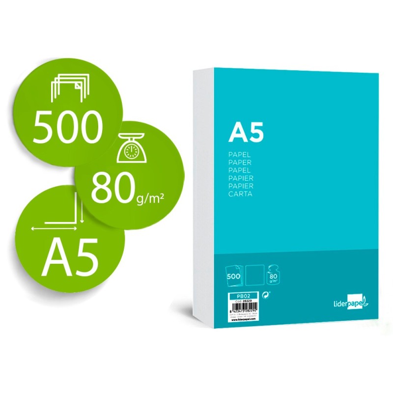 Papel liderpapel a5 80g/m2 liso paquete de 500 hojas