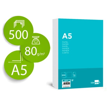 Papel liderpapel a5 80g/m2 liso paquete de 500 hojas