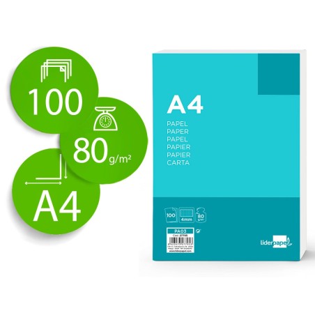 Papel liderpapel a4 80g/m2 sin taladros cuadro 4 mm paquete de 100 hojas