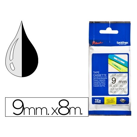 Cinta brother tze121 transparente-negro 9mm longitud 8 mt