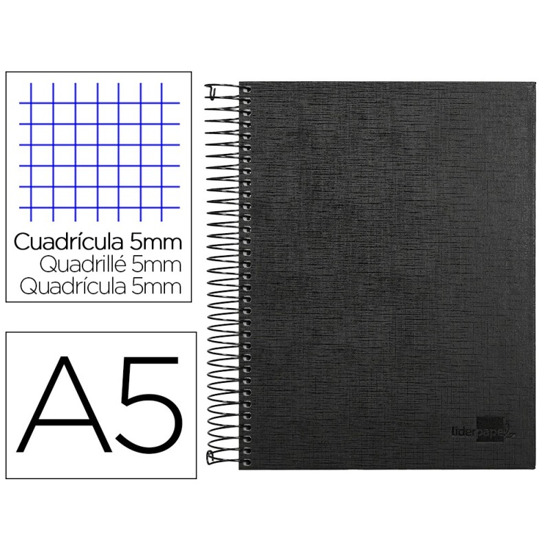 Cuaderno espiral liderpapel a5 micro papercoat tapa forrada 140h 75 gr cuadro5mm 5 bandas 6 taladros negro Cuaderno espiral liderpapel a5 micro papercoat tapa forrada 140h 75 gr cuadro5mm 5 bandas 6 taladros negro