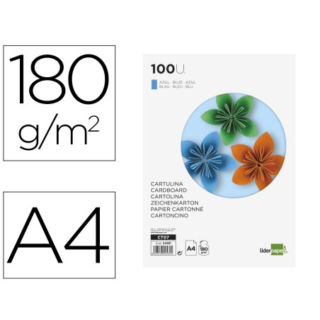 Cartulina liderpapel a4 180g/m2 azul paquete de 100 hojas