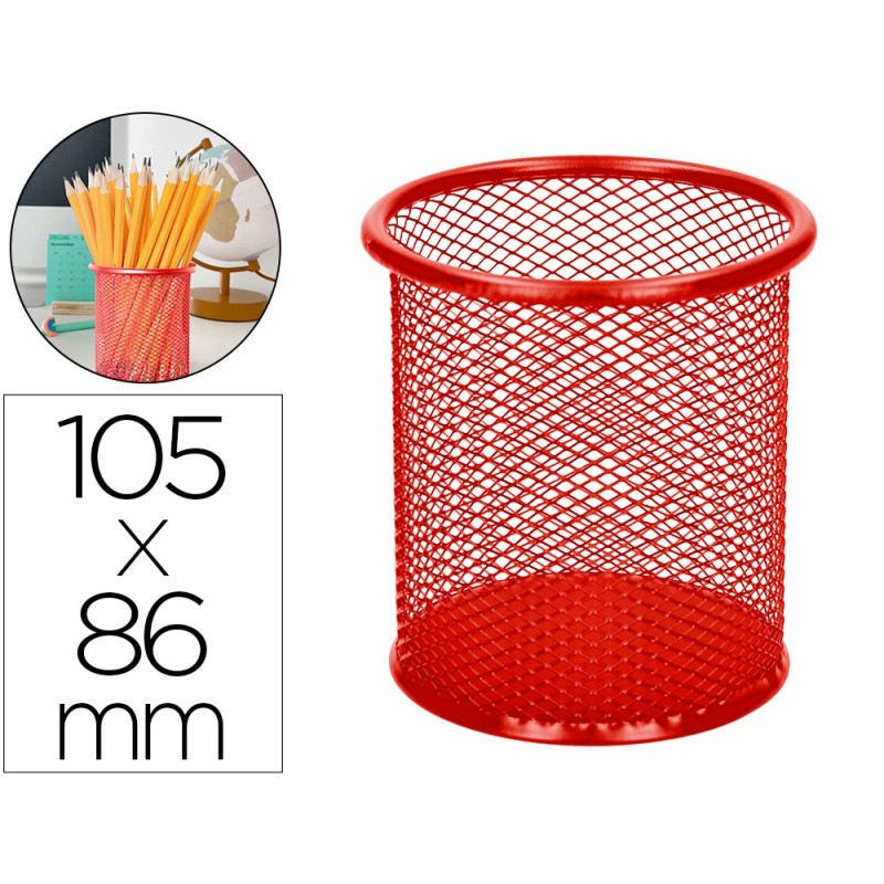 Cubilete portalapices q-connect rojo metal redondo rejilla diametro 86 mm alto 105 mm