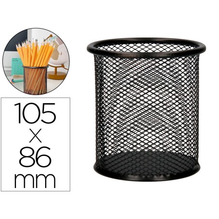 Cubilete portalapices q-connect negro metal redondo rejilla diametro 86 mm alto 105 mm