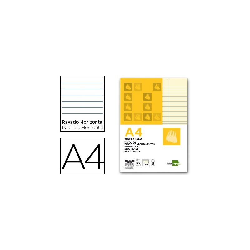 Bloc notas liderpapel horizontal a4 50 hojas amarillas 60g/m2 encolado