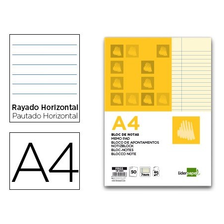 Bloc notas liderpapel horizontal a4 50 hojas amarillas 60g/m2 encolado