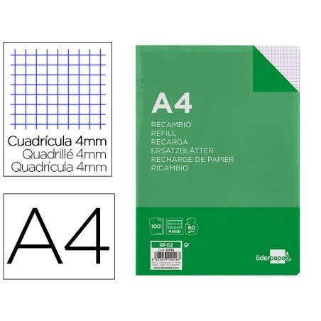 Recambio liderpapel a4 100 hojas 60g/m2 cuadro 4mm con margen sin taladros