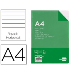 Recambio liderpapel a4 100 hojas 60g/m2 horizontal con margen 4 taladros