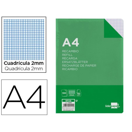 Recambio liderpapel a4 100 hojas 60g/m2 milimetrado sin margen 4 taladros
