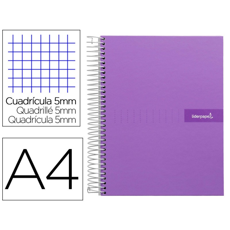 Cuaderno espiral liderpapel a4 micro crafty tapa forrada 120h 90gr cuadro 5mm 5 bandas 4 taladros color violeta