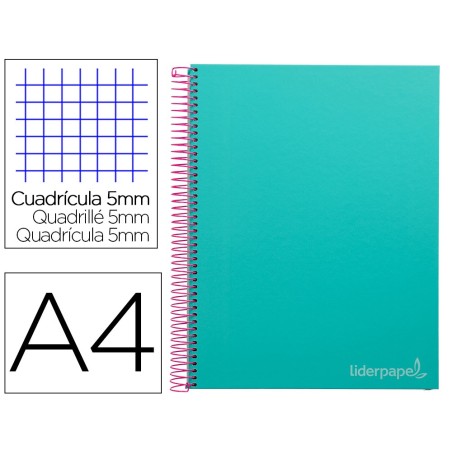 Cuaderno espiral liderpapel a4 micro jolly tapa forrada 140h 75 gr cuadro 5mm 5 bandas4 taladros color turquesa