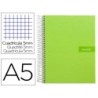 Cuaderno espiral liderpapel a5 micro crafty tapa forrada 120h 90 gr cuadro 5mm 5 bandas6 taladros color verde