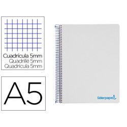 Cuaderno espiral liderpapel a5 micro wonder tapa plastico 120h 90g cuadro 5mm 5 bandas 6 taladros color gris