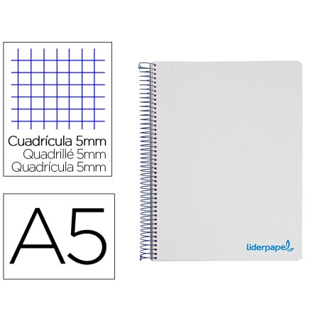 Cuaderno espiral liderpapel a5 micro wonder tapa plastico 120h 90g cuadro 5mm 5 bandas 6 taladros color gris