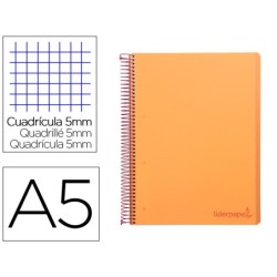 Cuaderno espiral liderpapel a5 micro wonder tapa plastico 120h 90g cuadro 5mm 5 bandas 6 taladros color naranja