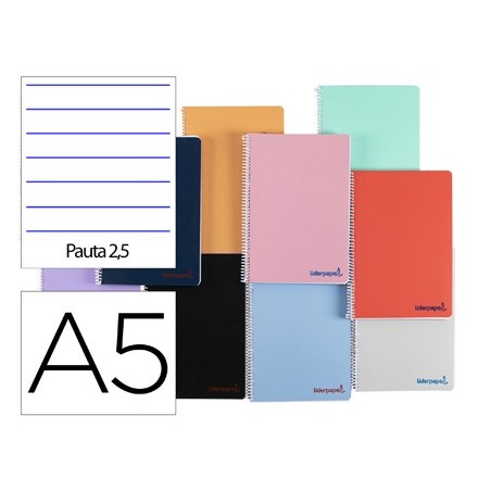Cuaderno espiral liderpapel a5 wonder tapa plastico 80h 90g pauta estrecha 2,5mm con margen colores surtidos