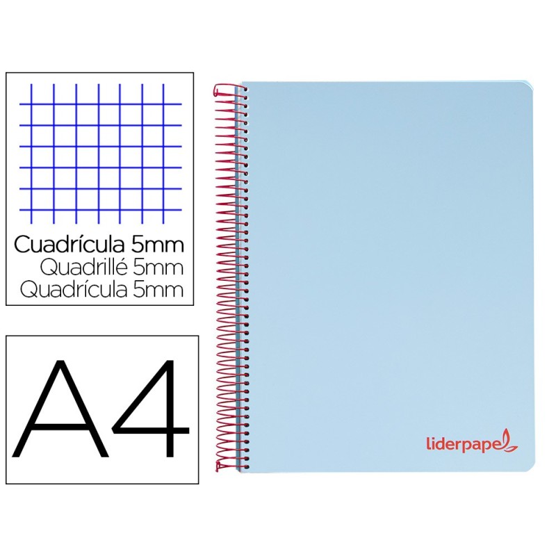 Cuaderno espiral liderpapel a4 micro wonder tapa plastico 120h 90 gr cuadro 5 mm 5 banda4 taladros color celeste
