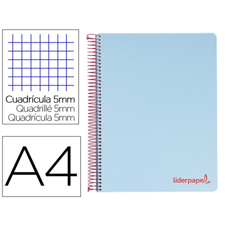 Cuaderno espiral liderpapel a4 micro wonder tapa plastico 120h 90 gr cuadro 5 mm 5 banda4 taladros color celeste